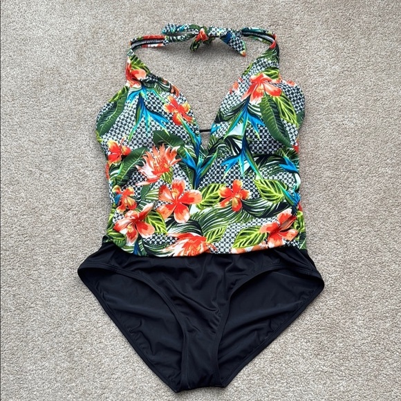 NWT Jantzen Plunge V Neck Halter Tie Wireless Floral One Piece Swimsuit Size 16 - Picture 1 of 8
